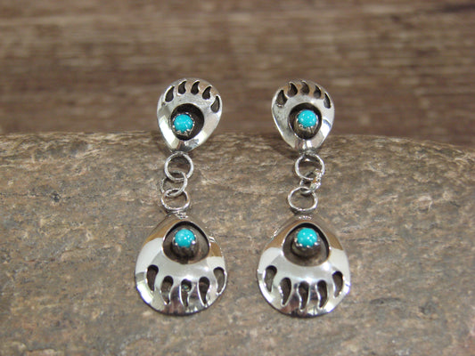 Navajo Sterling Silver Turquoise Bear Paw Post Dangle Earrings - Parker