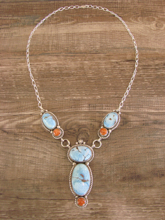 Navajo Indian Sterling Silver Golden Hills Turquoise & Coral Link Necklace by Bahe