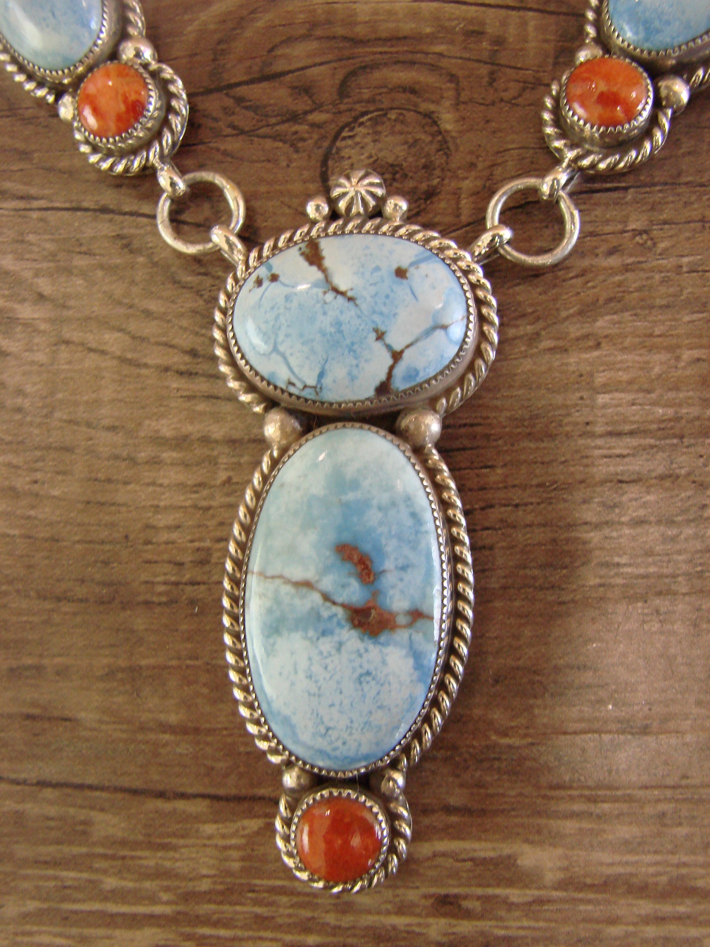 Navajo Indian Sterling Silver Golden Hills Turquoise & Coral Link Necklace by Bahe