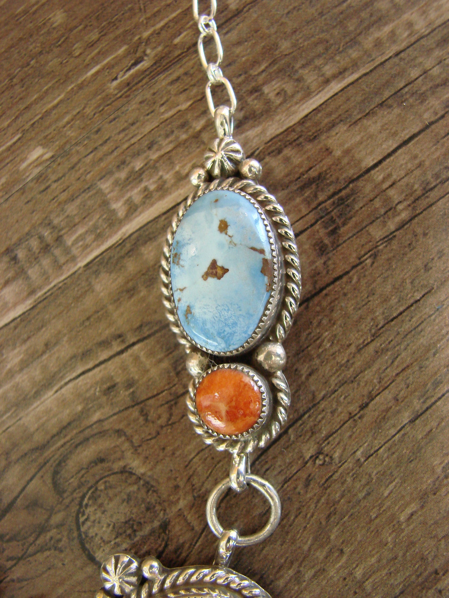 Navajo Indian Sterling Silver Golden Hills Turquoise & Coral Link Necklace by Bahe