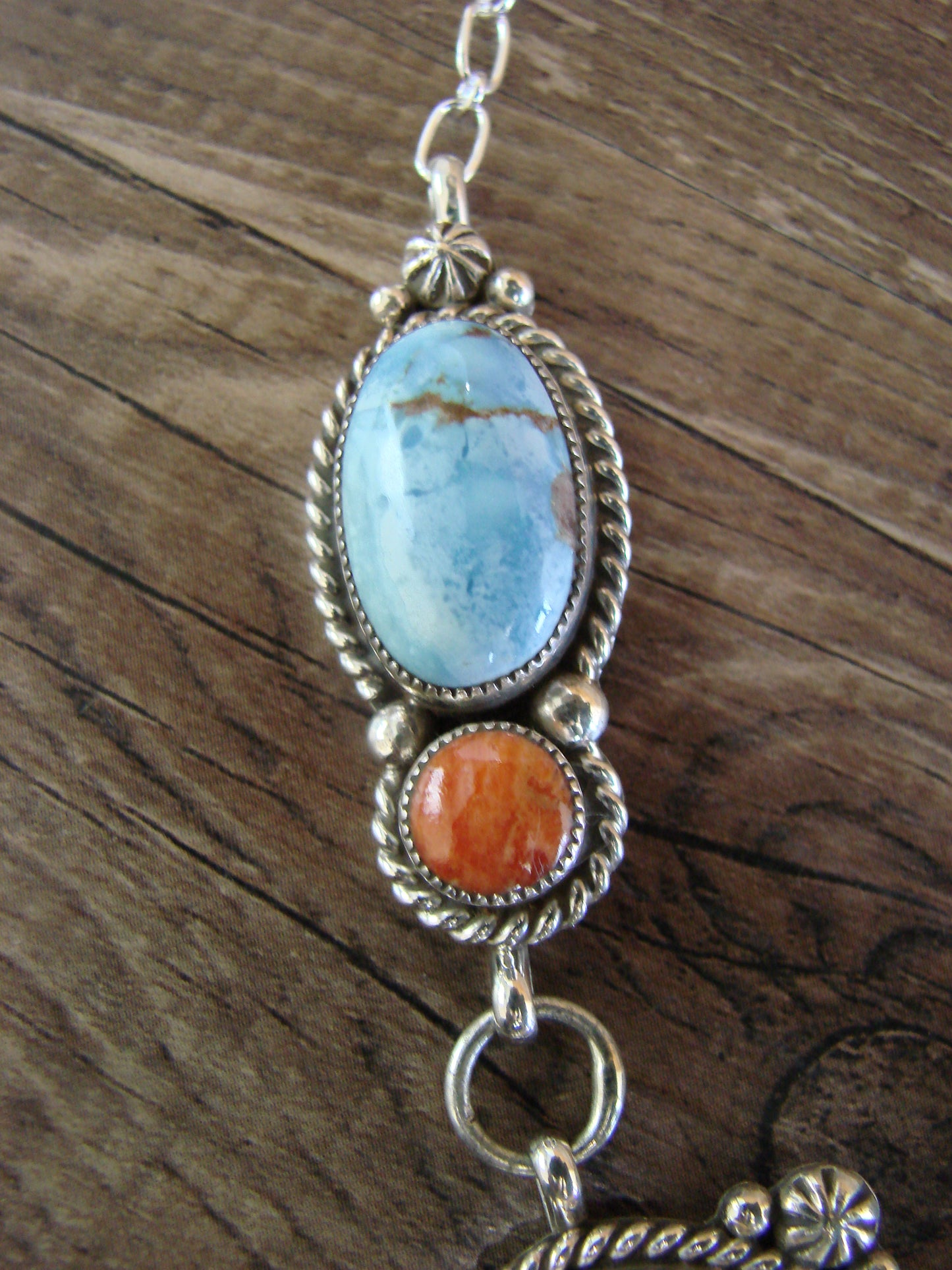 Navajo Indian Sterling Silver Golden Hills Turquoise & Coral Link Necklace by Bahe