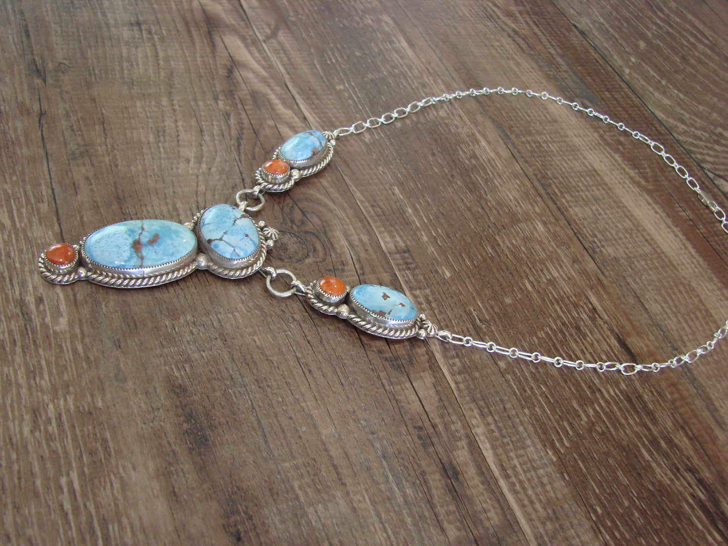 Navajo Indian Sterling Silver Golden Hills Turquoise & Coral Link Necklace by Bahe