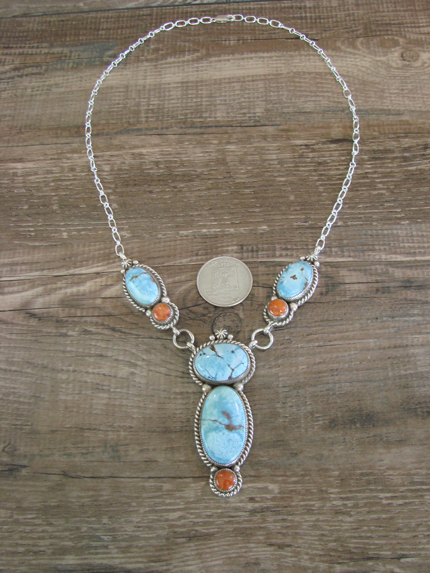 Navajo Indian Sterling Silver Golden Hills Turquoise & Coral Link Necklace by Bahe