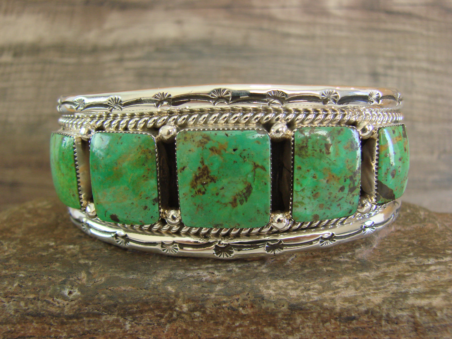Navajo Indian Green Turquoise Sterling Silver Row Cuff Bracelet - Jimson Belin