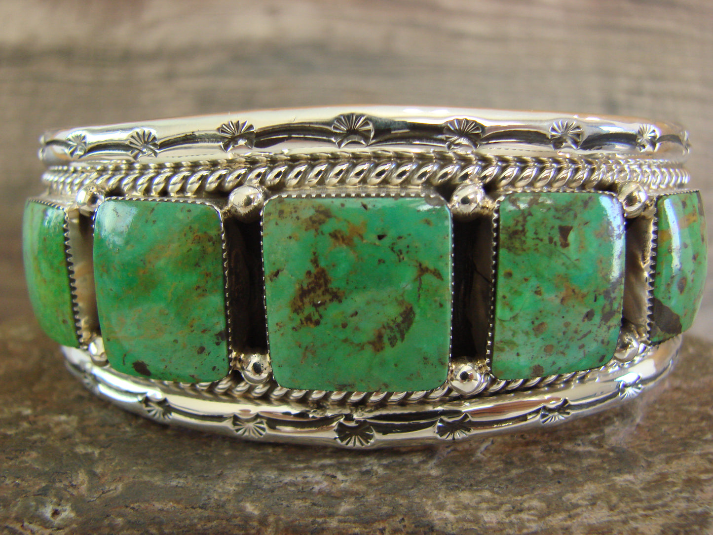 Navajo Indian Green Turquoise Sterling Silver Row Cuff Bracelet - Jimson Belin