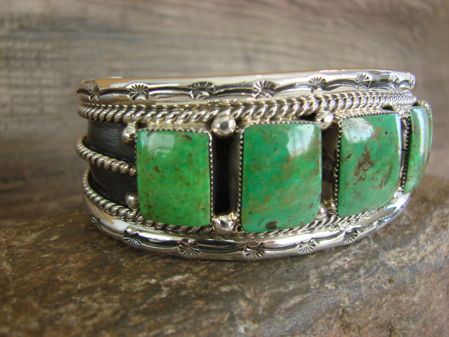 Navajo Indian Green Turquoise Sterling Silver Row Cuff Bracelet - Jimson Belin