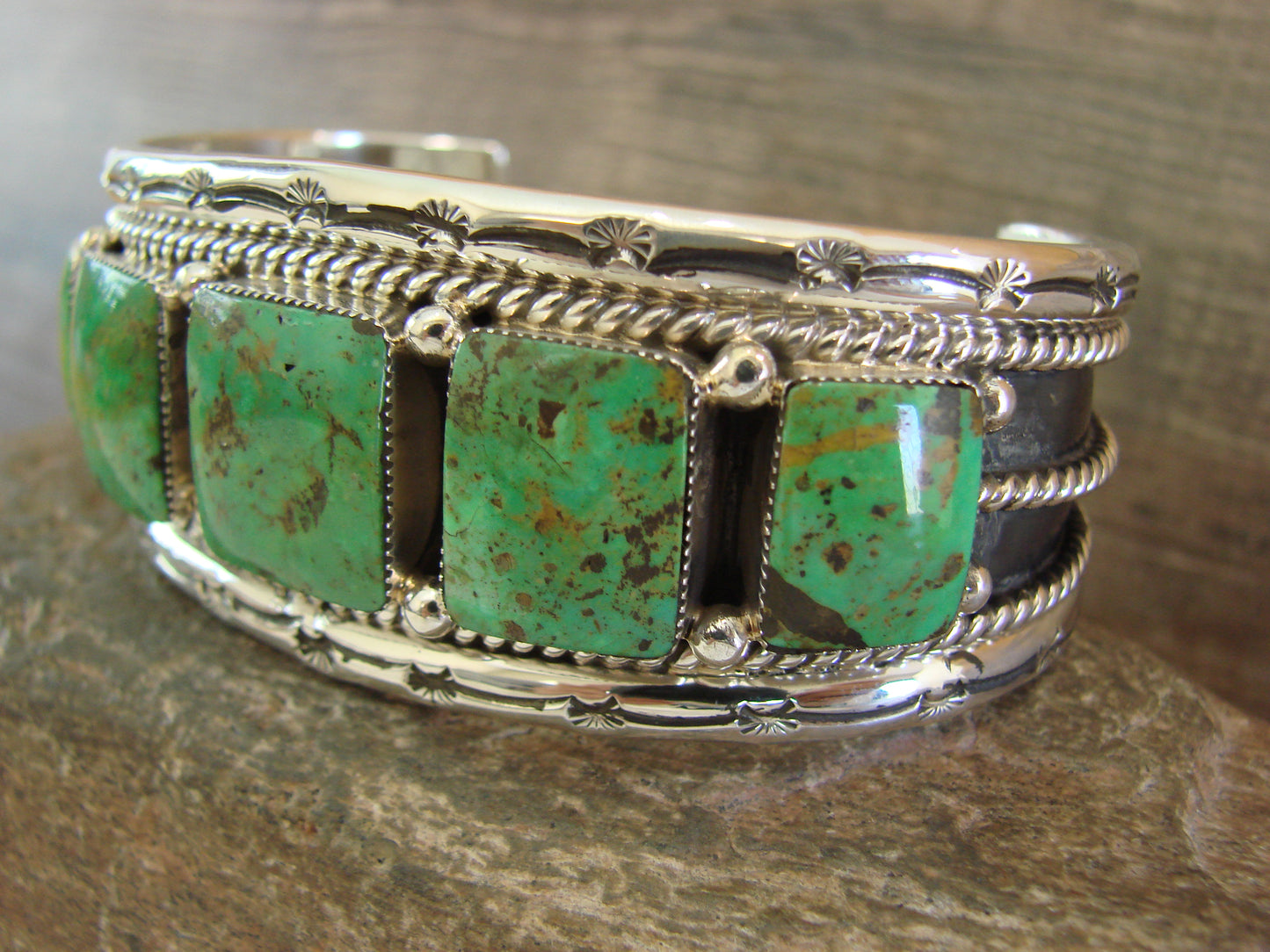 Navajo Indian Green Turquoise Sterling Silver Row Cuff Bracelet - Jimson Belin