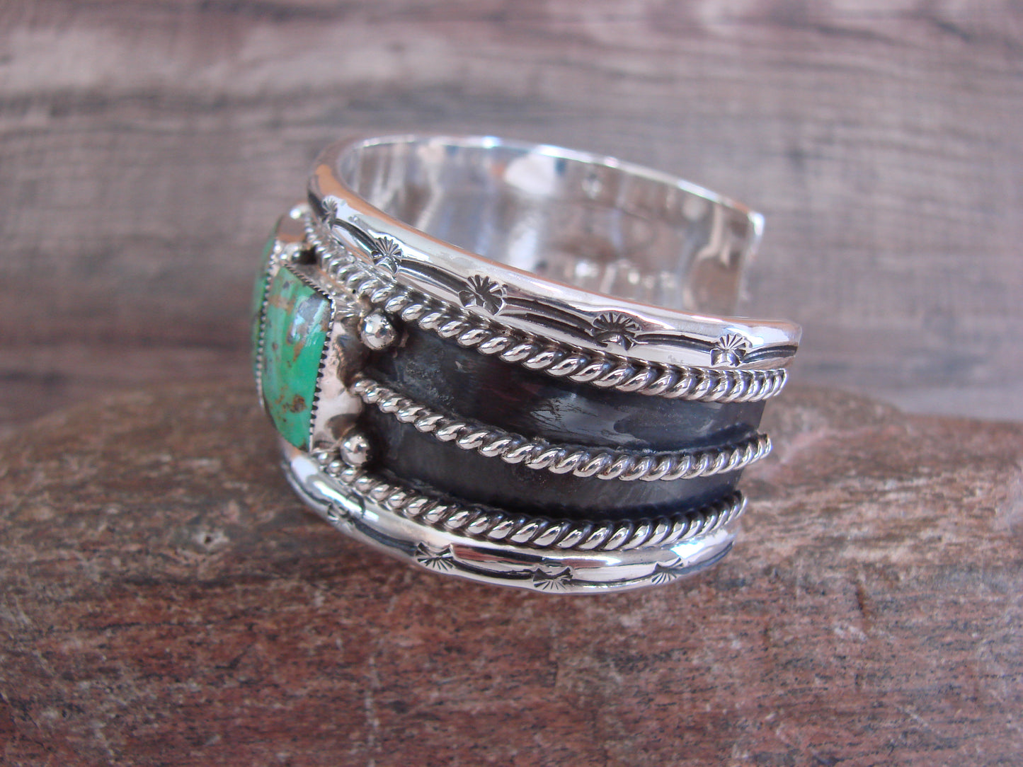 Navajo Indian Green Turquoise Sterling Silver Row Cuff Bracelet - Jimson Belin