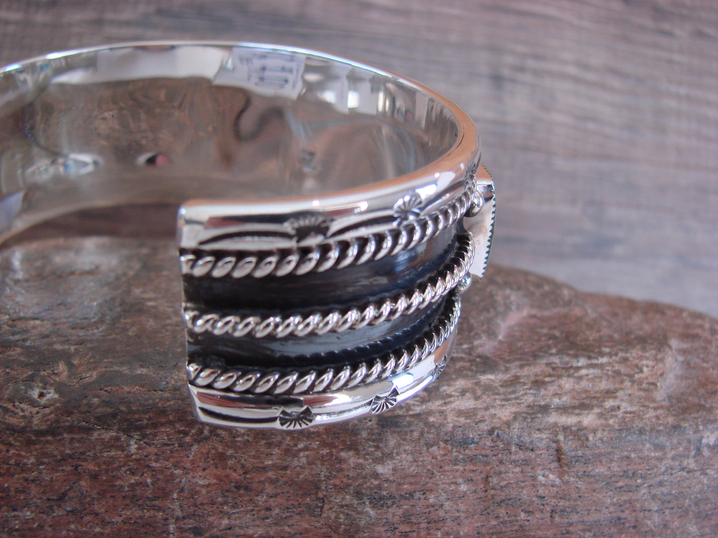 Navajo Indian Green Turquoise Sterling Silver Row Cuff Bracelet - Jimson Belin