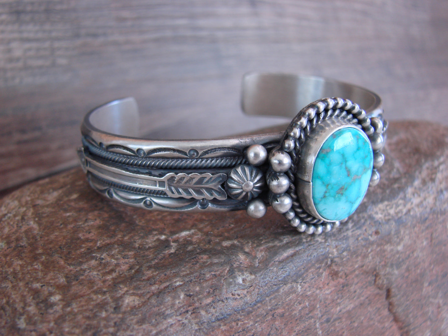 Navajo Indian Sterling Silver & Turquoise Arrow Bracelet Signed Calladitto