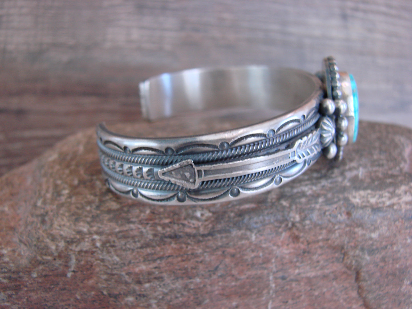 Navajo Indian Sterling Silver & Turquoise Arrow Bracelet Signed Calladitto