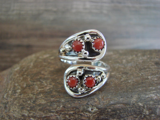 Navajo Indian Sterling Silver & Coral Adjustable Ring - Belin