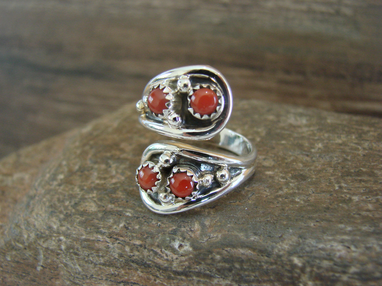 Navajo Indian Sterling Silver & Coral Adjustable Ring - Belin