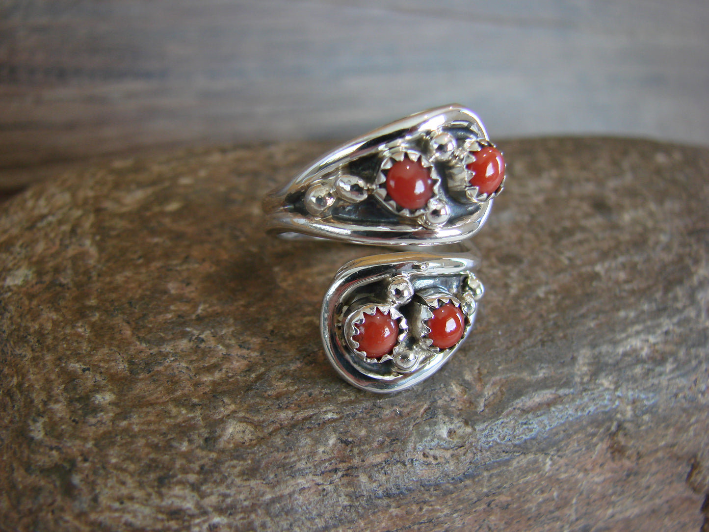 Navajo Indian Sterling Silver & Coral Adjustable Ring - Belin