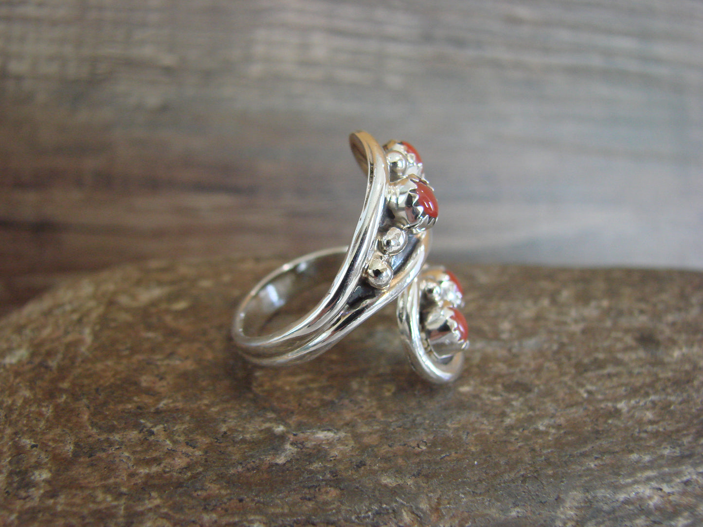 Navajo Indian Sterling Silver & Coral Adjustable Ring - Belin
