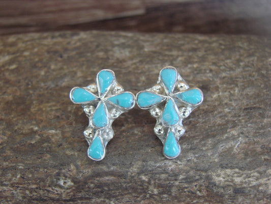 Zuni Indian Sterling Silver & Turquoise Cross Stud Post Earrings by Yunie