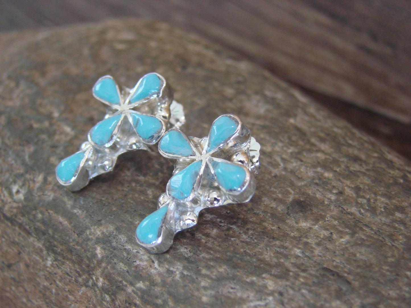 Zuni Indian Sterling Silver & Turquoise Cross Stud Post Earrings by Yunie