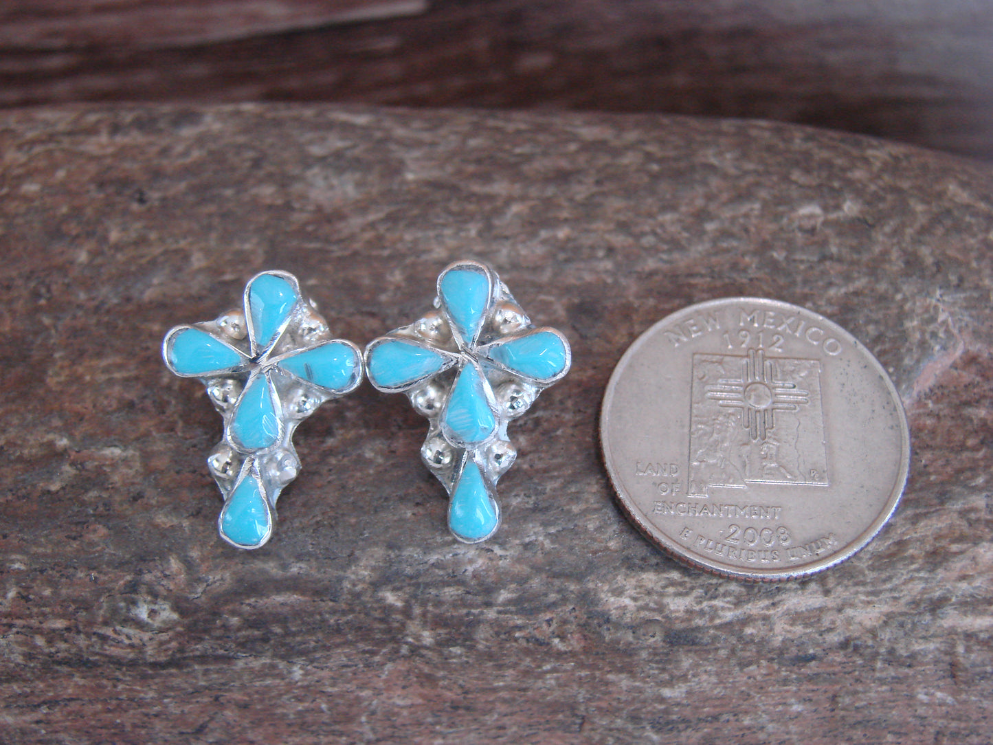 Zuni Indian Sterling Silver & Turquoise Cross Stud Post Earrings by Yunie