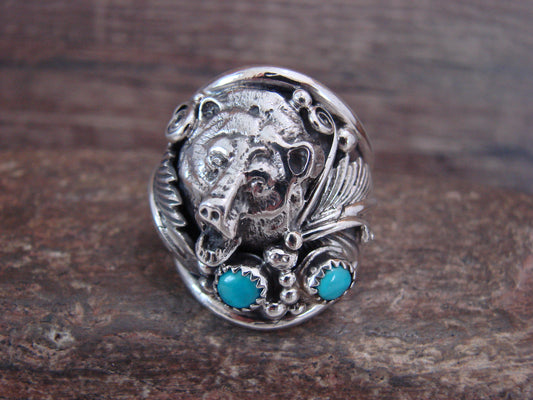 Navajo Sterling Silver Turquoise Growling Bear Ring - Saunders - Size 13