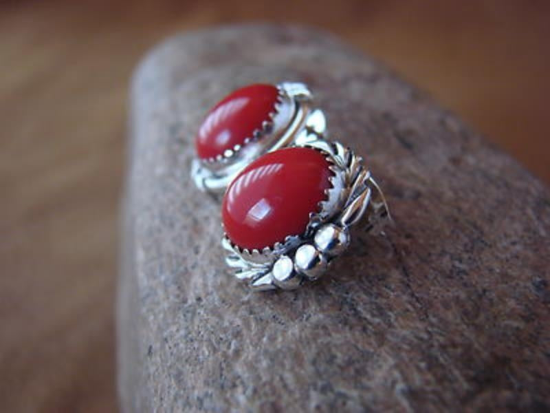 Navajo Sterling Silver Coral Post Earrings by Delores Cadman