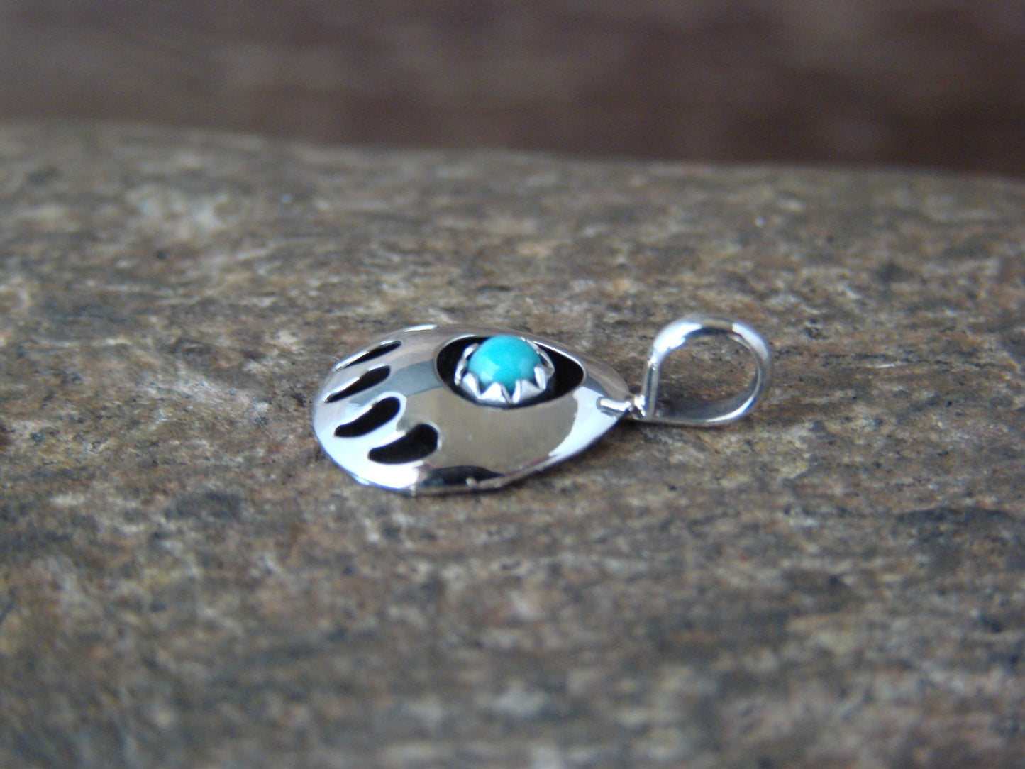 Small Native American Sterling Silver Turquoise Bear Paw Charm Pendant