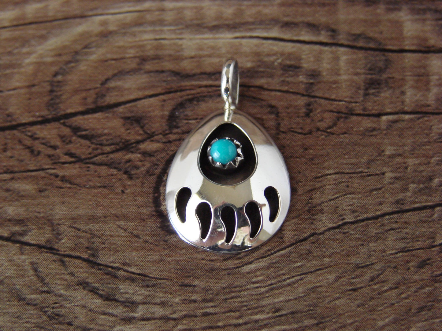 Small Native American Sterling Silver Turquoise Bear Paw Charm Pendant