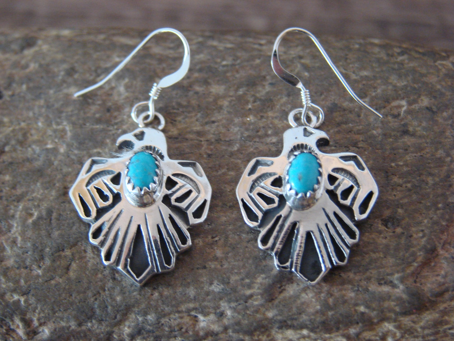Native American Sterling Silver Hand Stamped Turquoise Thunderbird Earrings - Lonjose