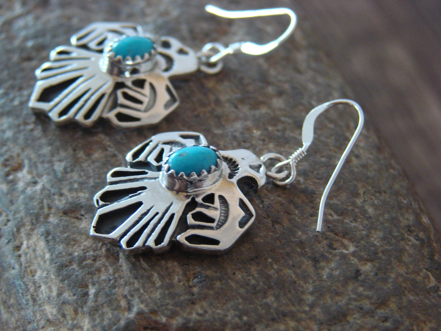 Native American Sterling Silver Hand Stamped Turquoise Thunderbird Earrings - Lonjose