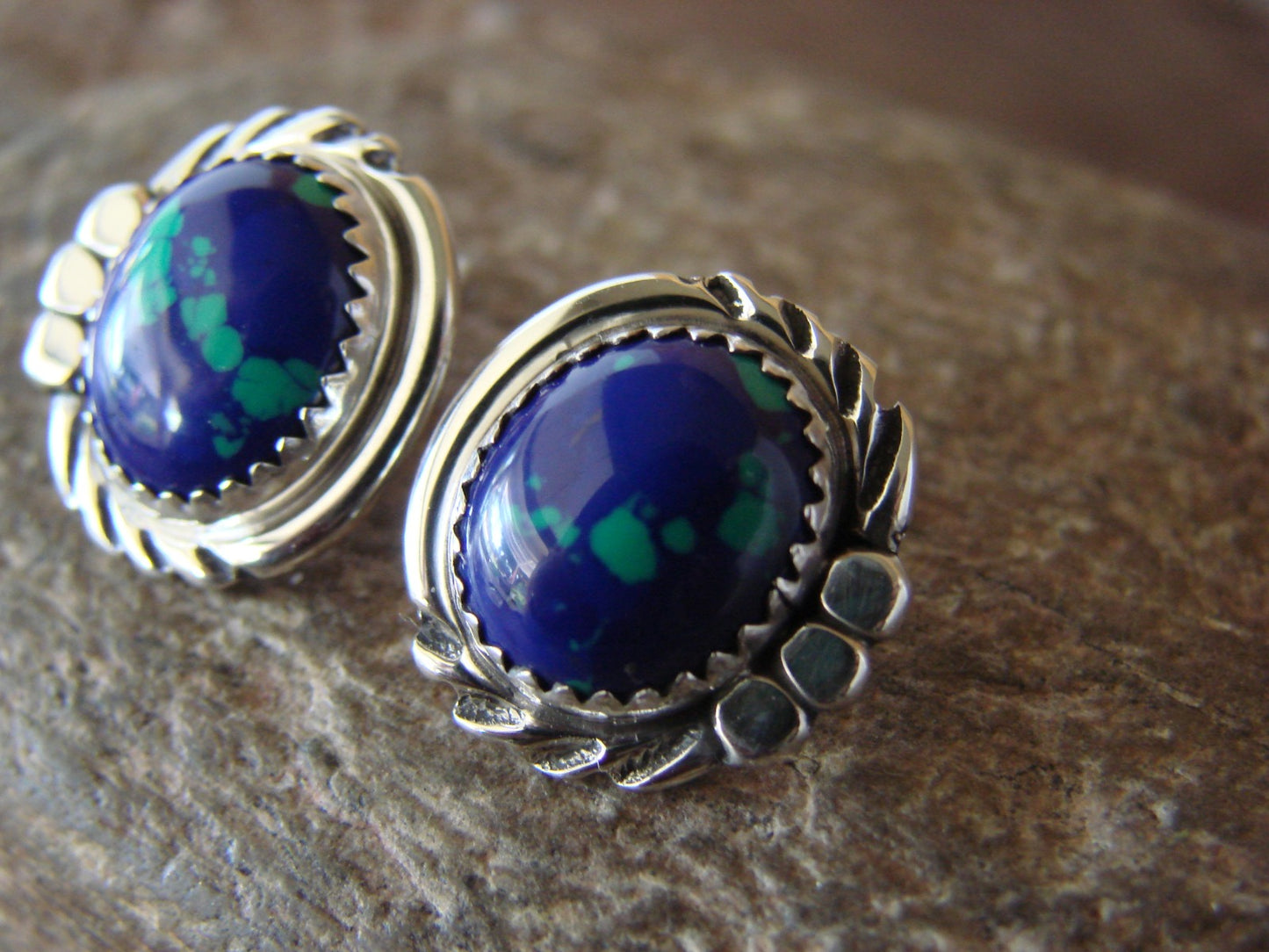 Native American Sterling Silver Azurite Post Earrings by Delores Cadman