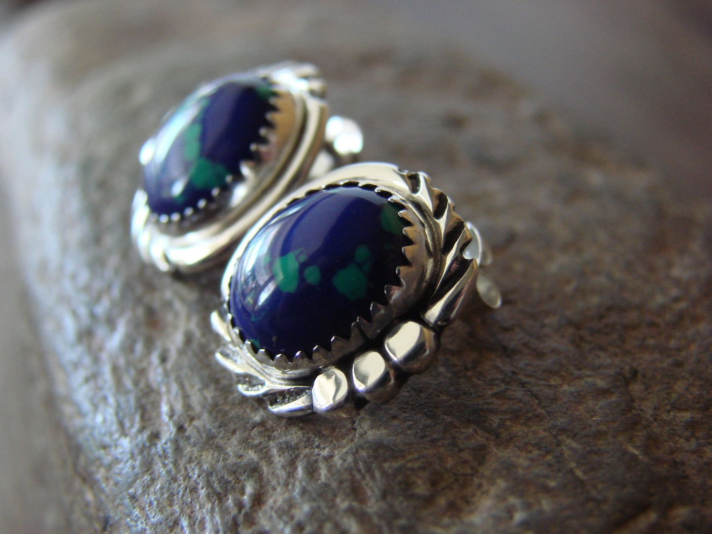Native American Sterling Silver Azurite Post Earrings by Delores Cadman