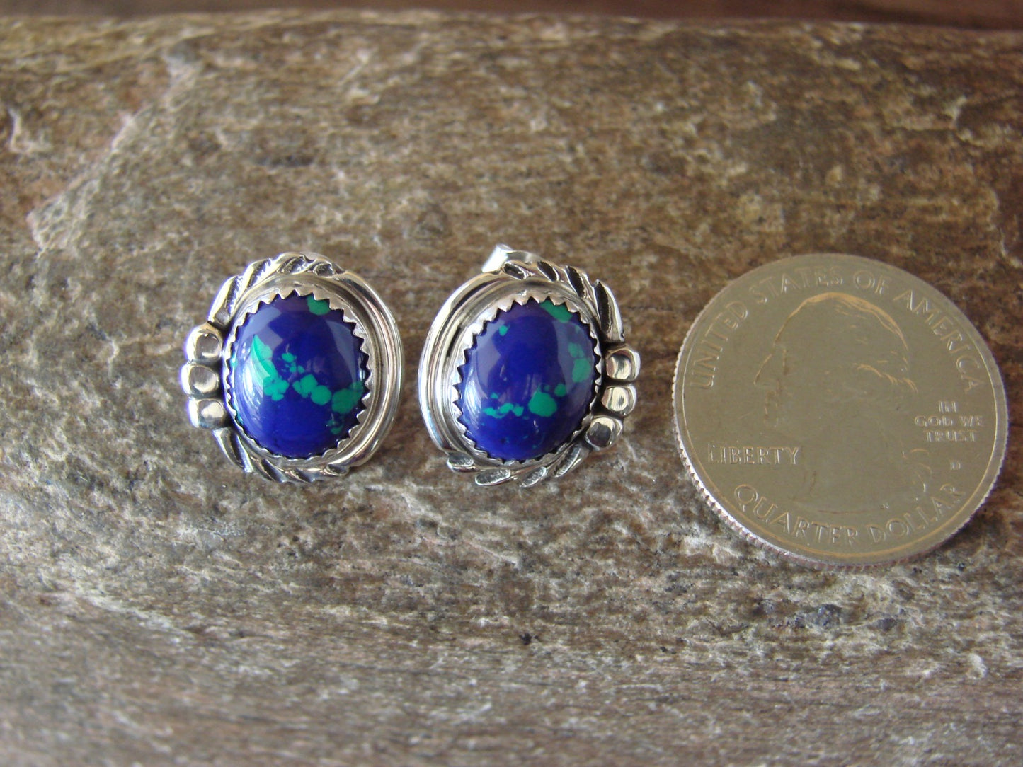 Native American Sterling Silver Azurite Post Earrings by Delores Cadman