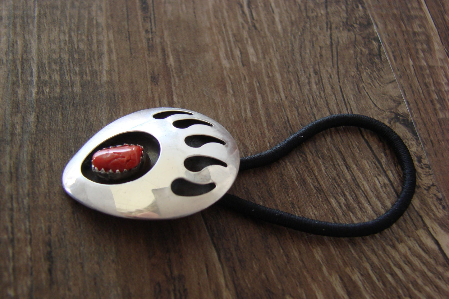 Native American Sterling Silver Coral Bear Paw Hair Tie by Johnson
