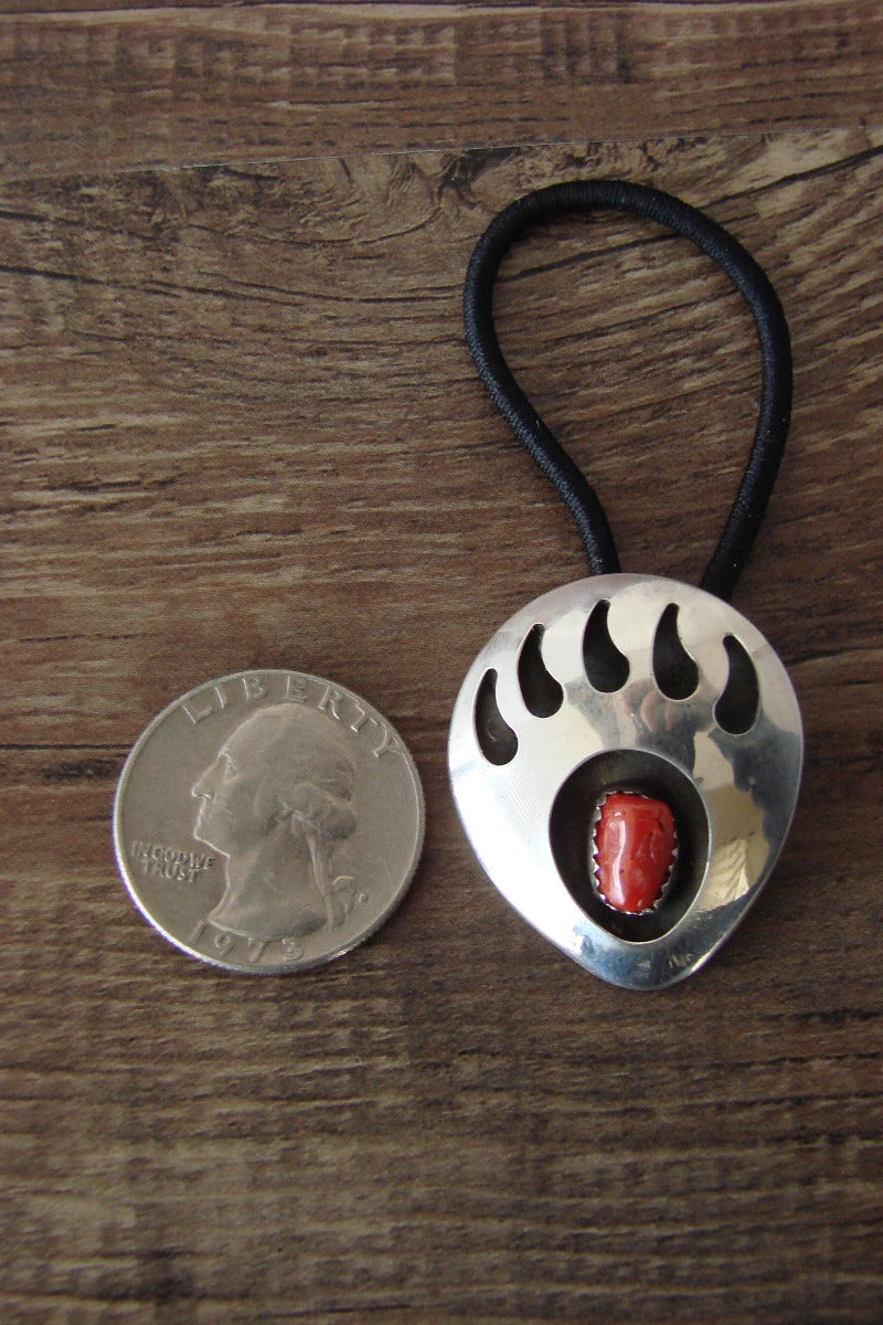 Native American Sterling Silver Coral Bear Paw Hair Tie by Johnson