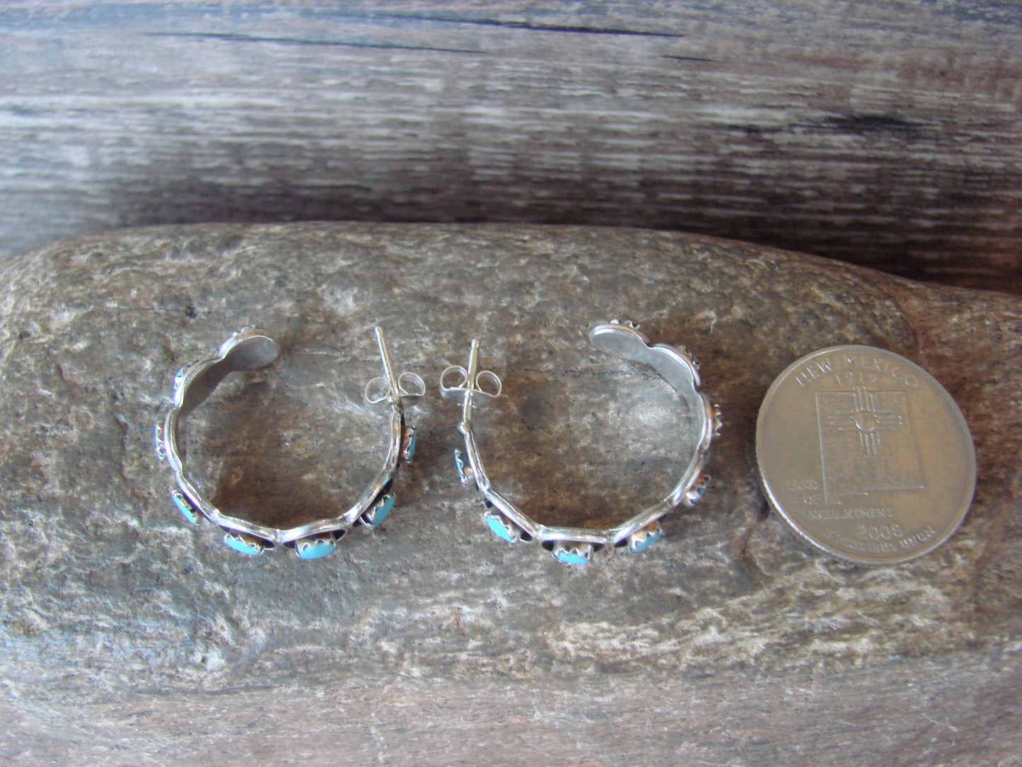 Native American Indian Sterling Silver & Turquoise 1" Hoop Earrings - Lonasee