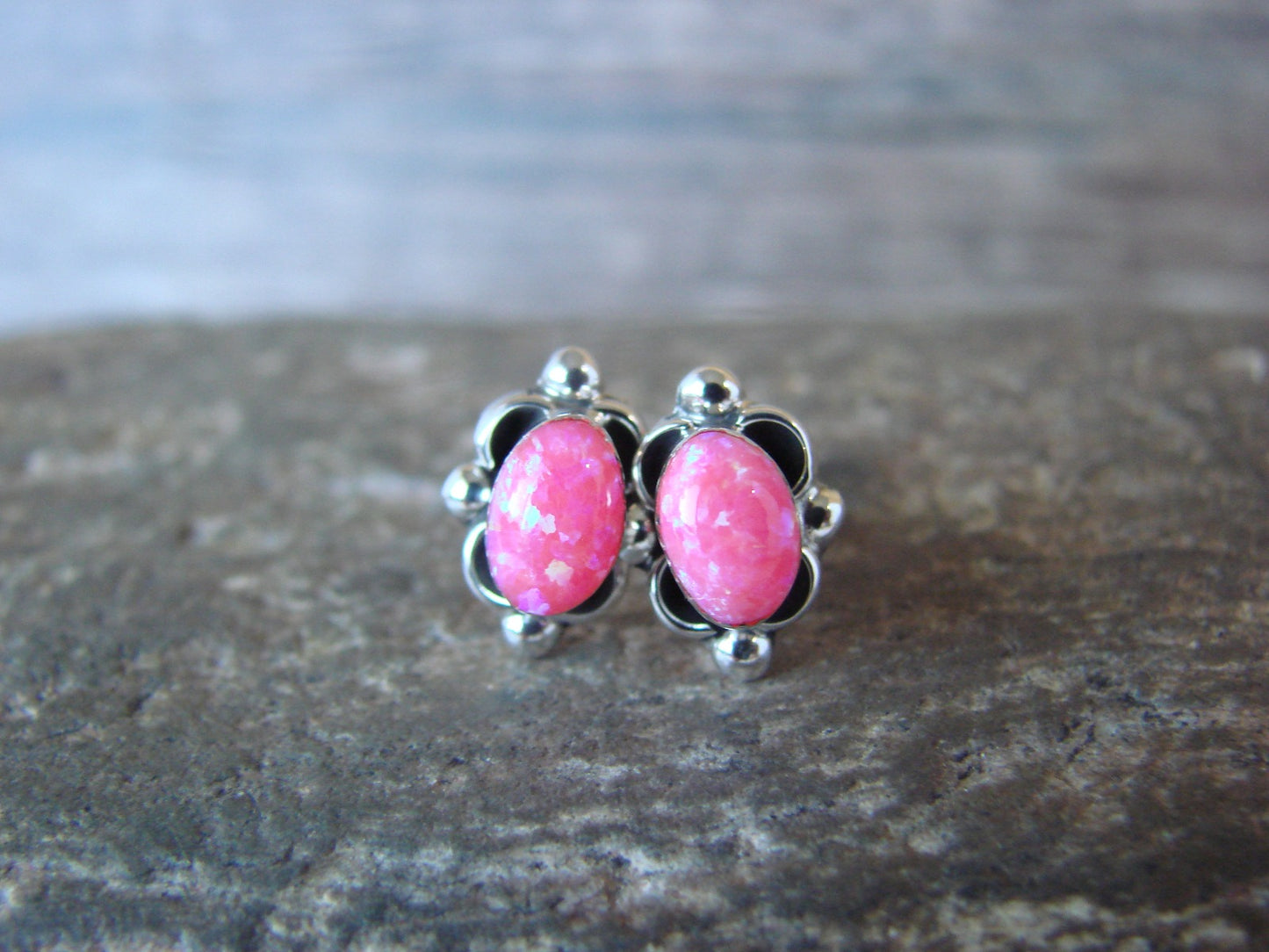 Zuni Indian Sterling Silver & Pink Opal Stud Earrings by Kanesta
