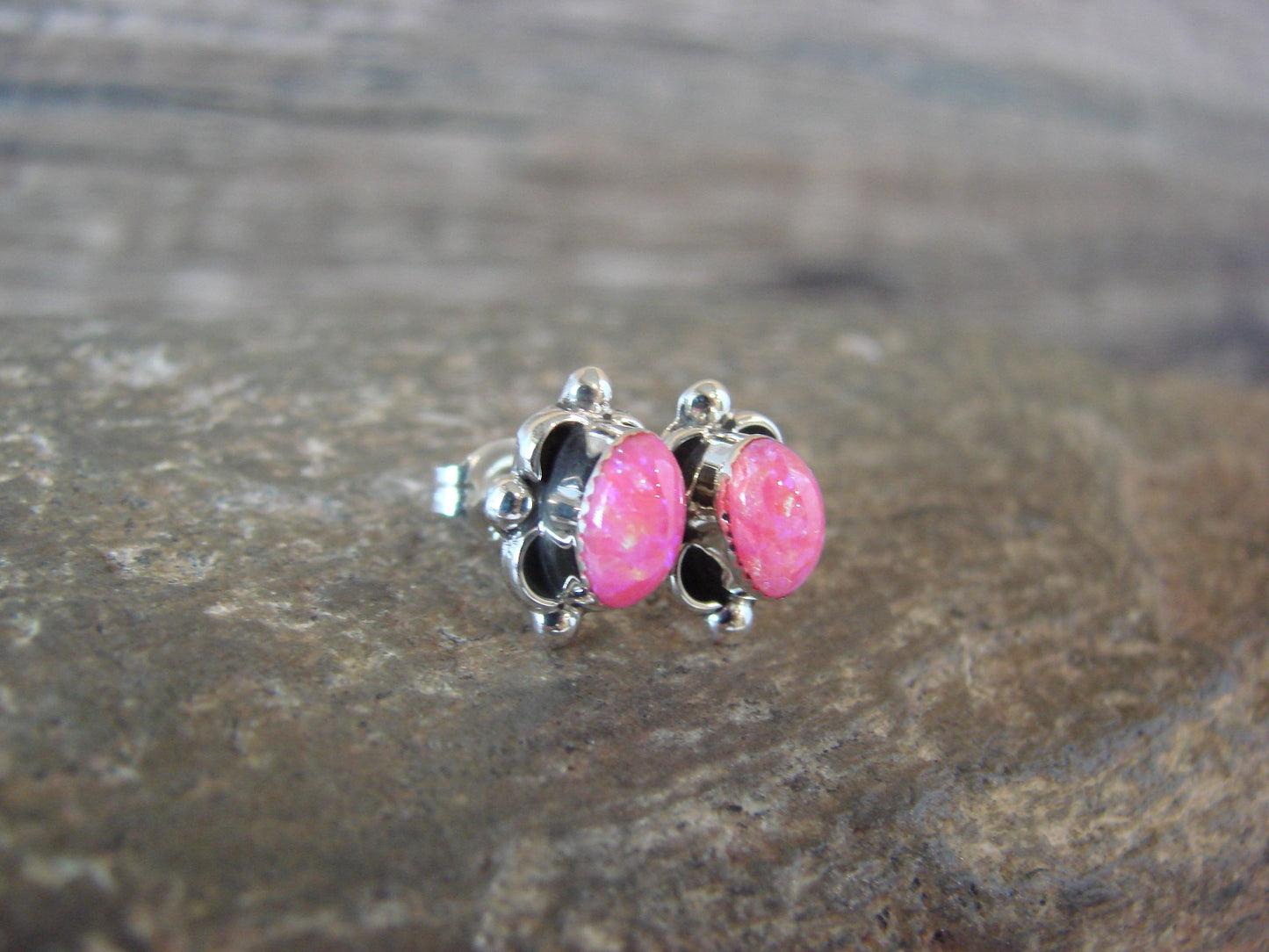 Zuni Indian Sterling Silver & Pink Opal Stud Earrings by Kanesta