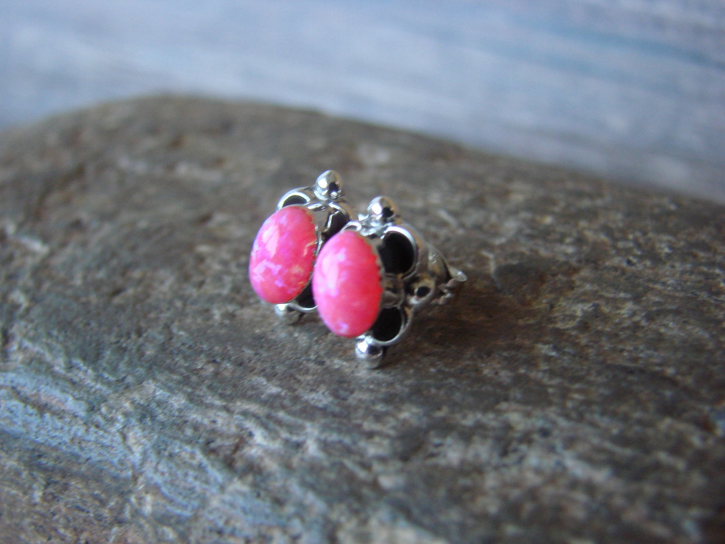 Zuni Indian Sterling Silver & Pink Opal Stud Earrings by Kanesta