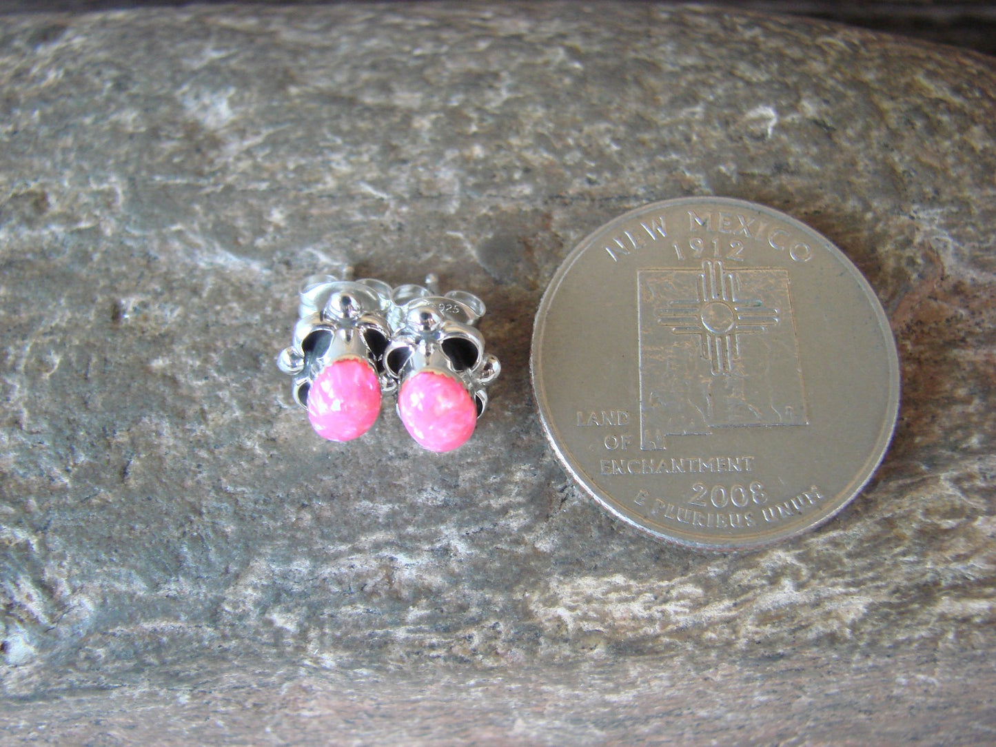Zuni Indian Sterling Silver & Pink Opal Stud Earrings by Kanesta
