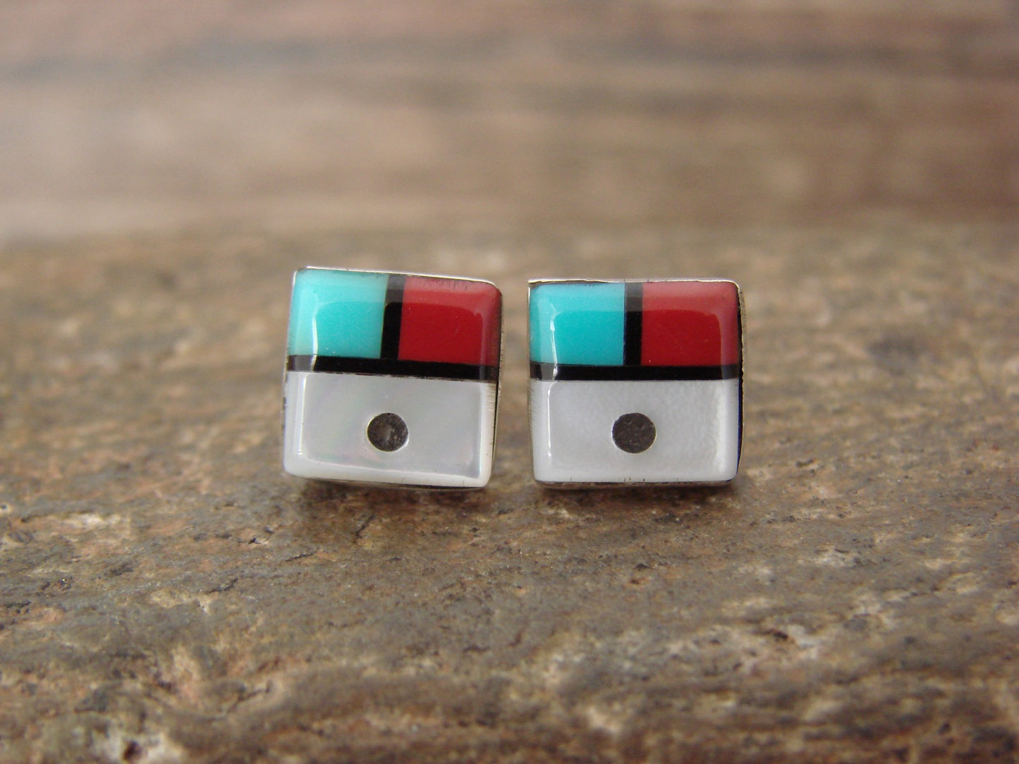 Native American Indian Square Turquoise Inlay Sunface Earrings by Lonjose