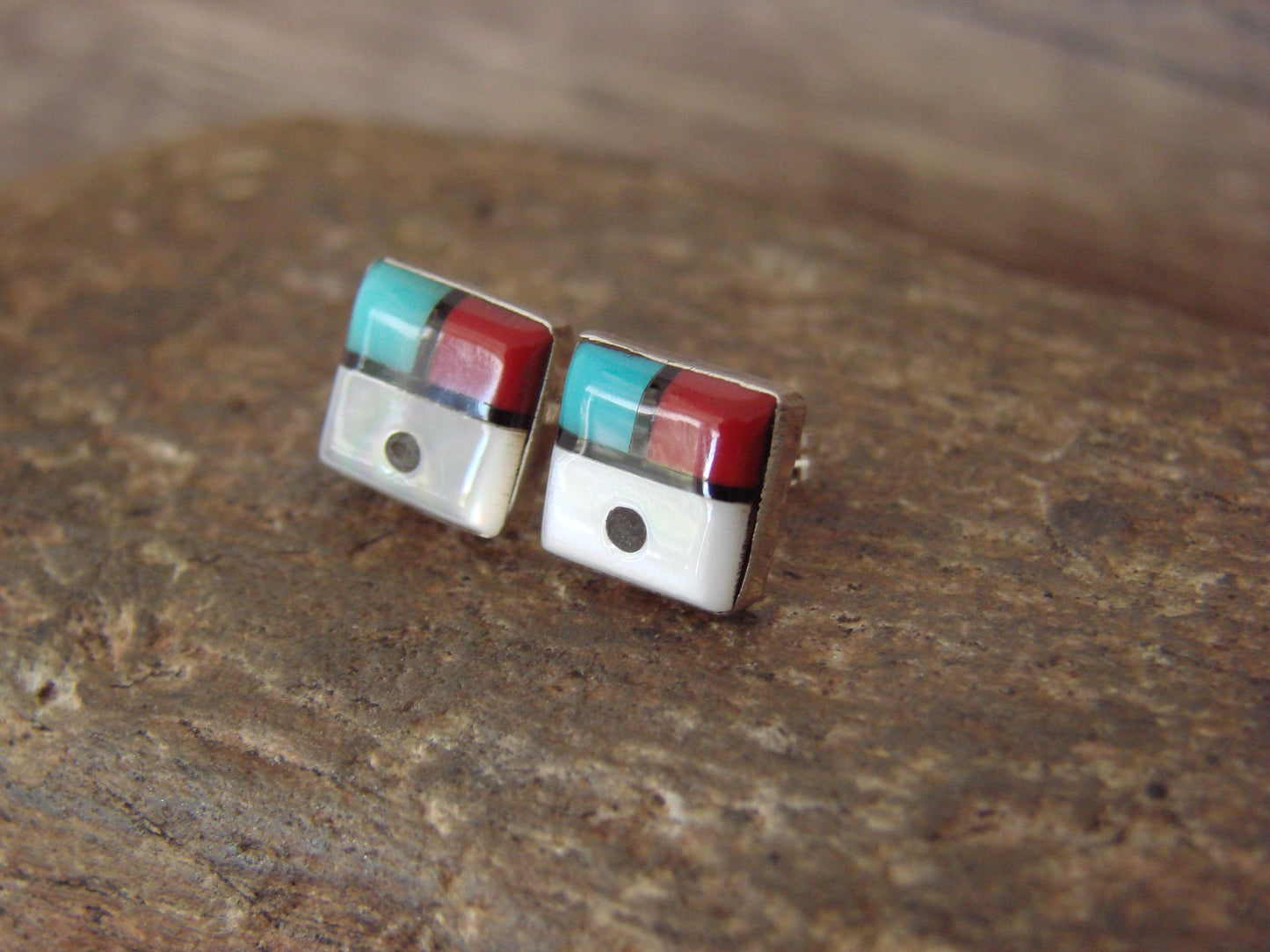 Native American Indian Square Turquoise Inlay Sunface Earrings by Lonjose