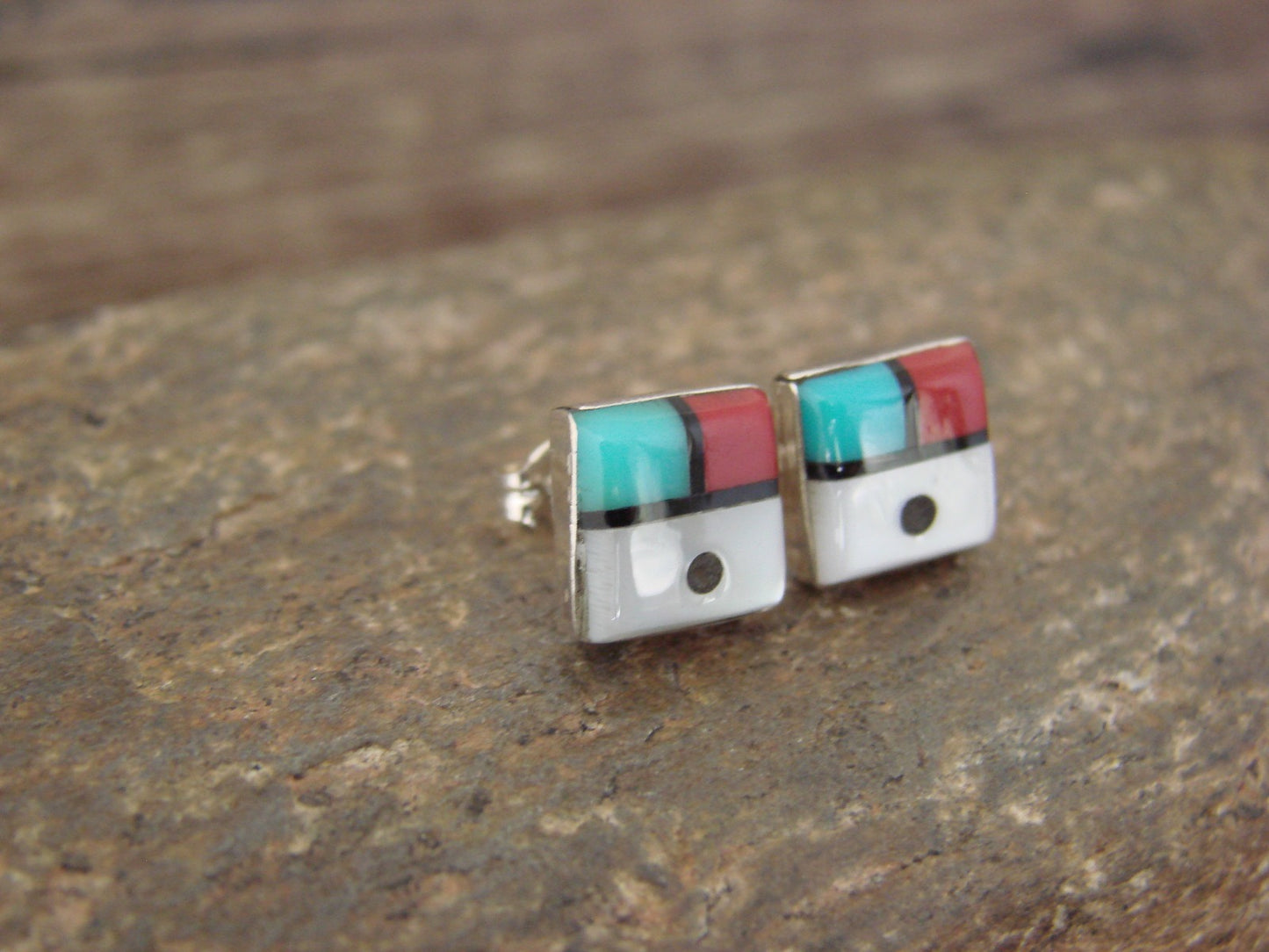 Native American Indian Square Turquoise Inlay Sunface Earrings by Lonjose