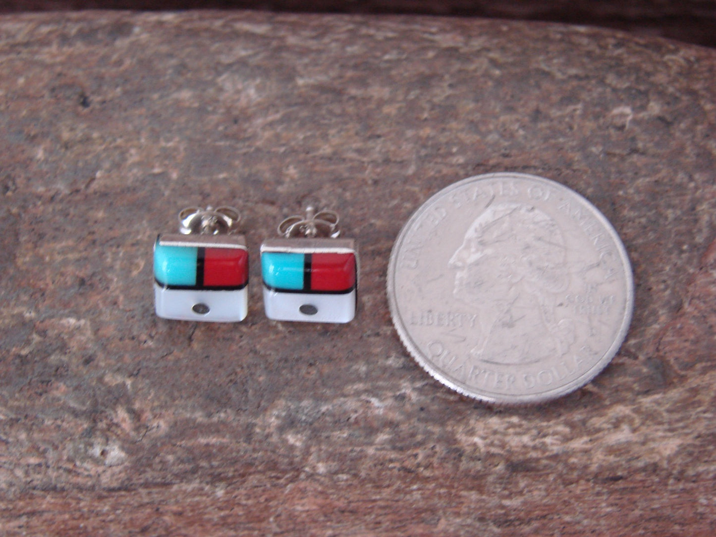 Native American Indian Square Turquoise Inlay Sunface Earrings by Lonjose