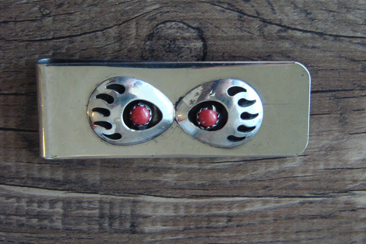 Native American Indian Sterling Silver & Coral Bear Paw Money Clip