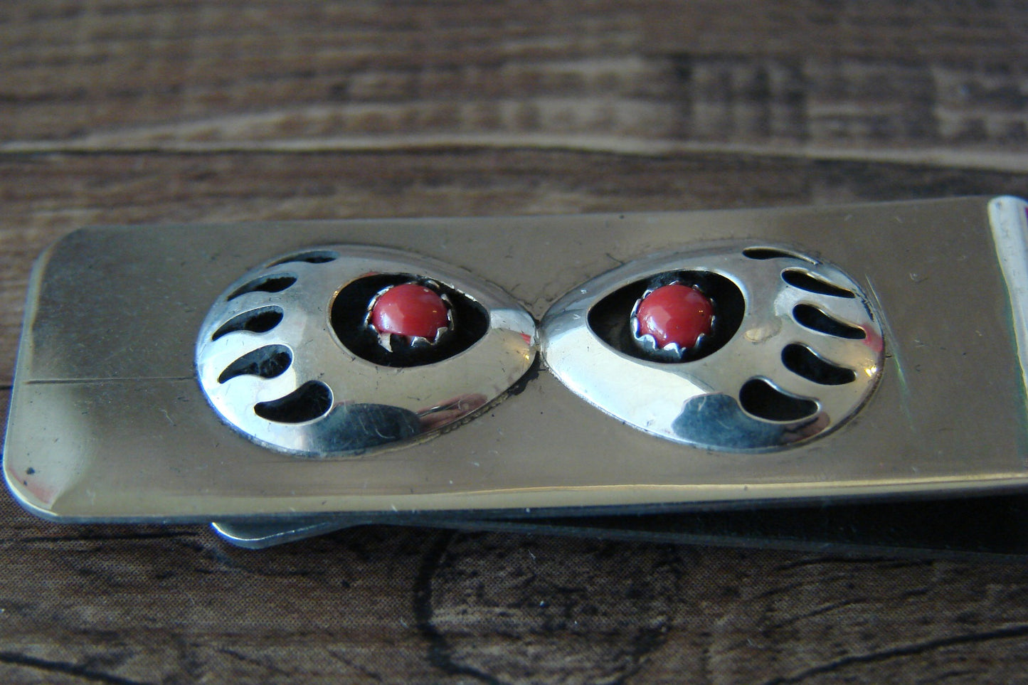 Native American Indian Sterling Silver & Coral Bear Paw Money Clip