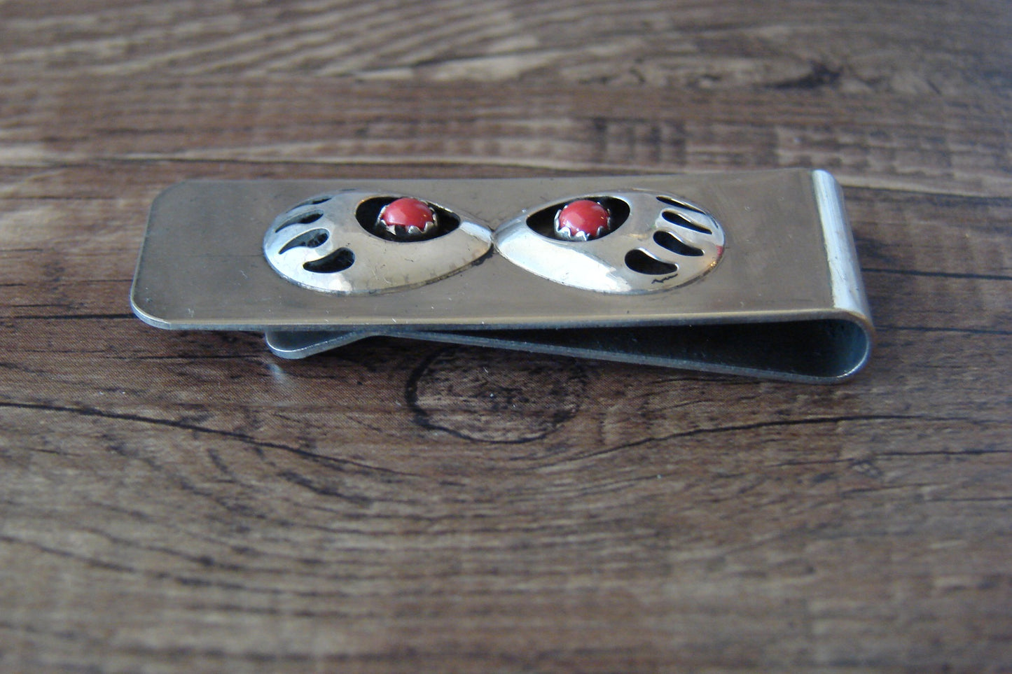 Native American Indian Sterling Silver & Coral Bear Paw Money Clip