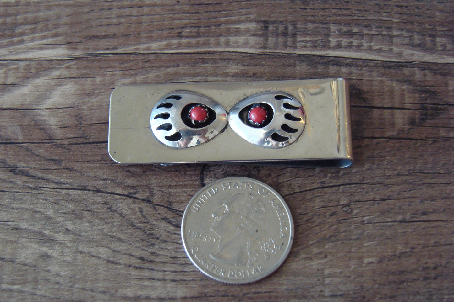 Native American Indian Sterling Silver & Coral Bear Paw Money Clip