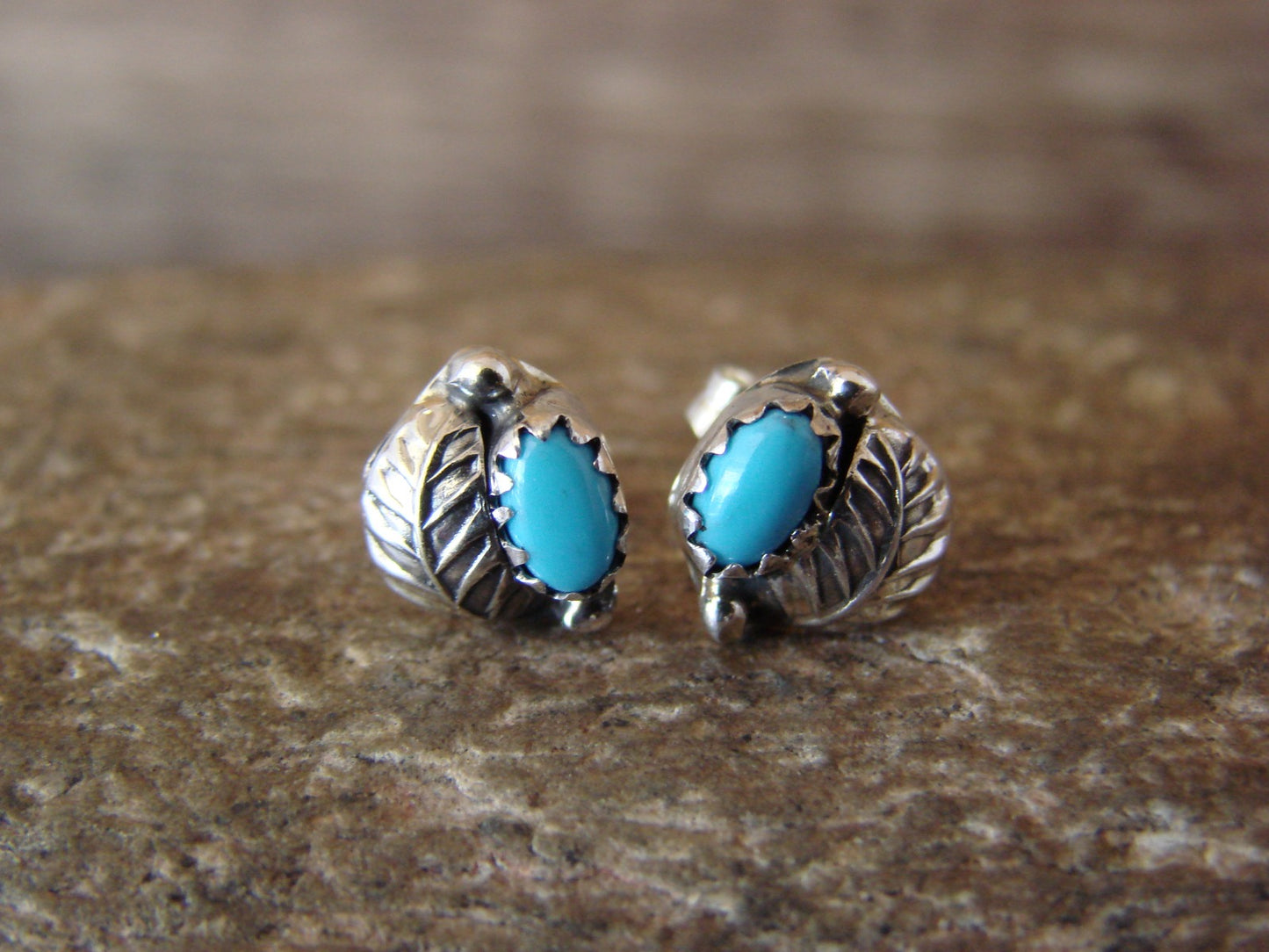Navajo Sterling Silver Feather Turquoise Post Earrings by Joe