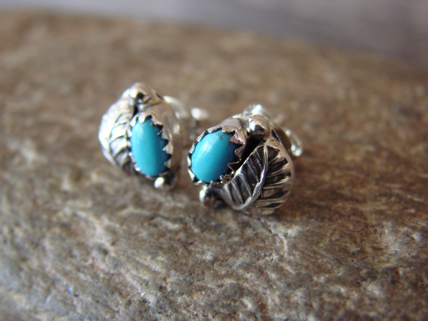 Navajo Sterling Silver Feather Turquoise Post Earrings by Joe
