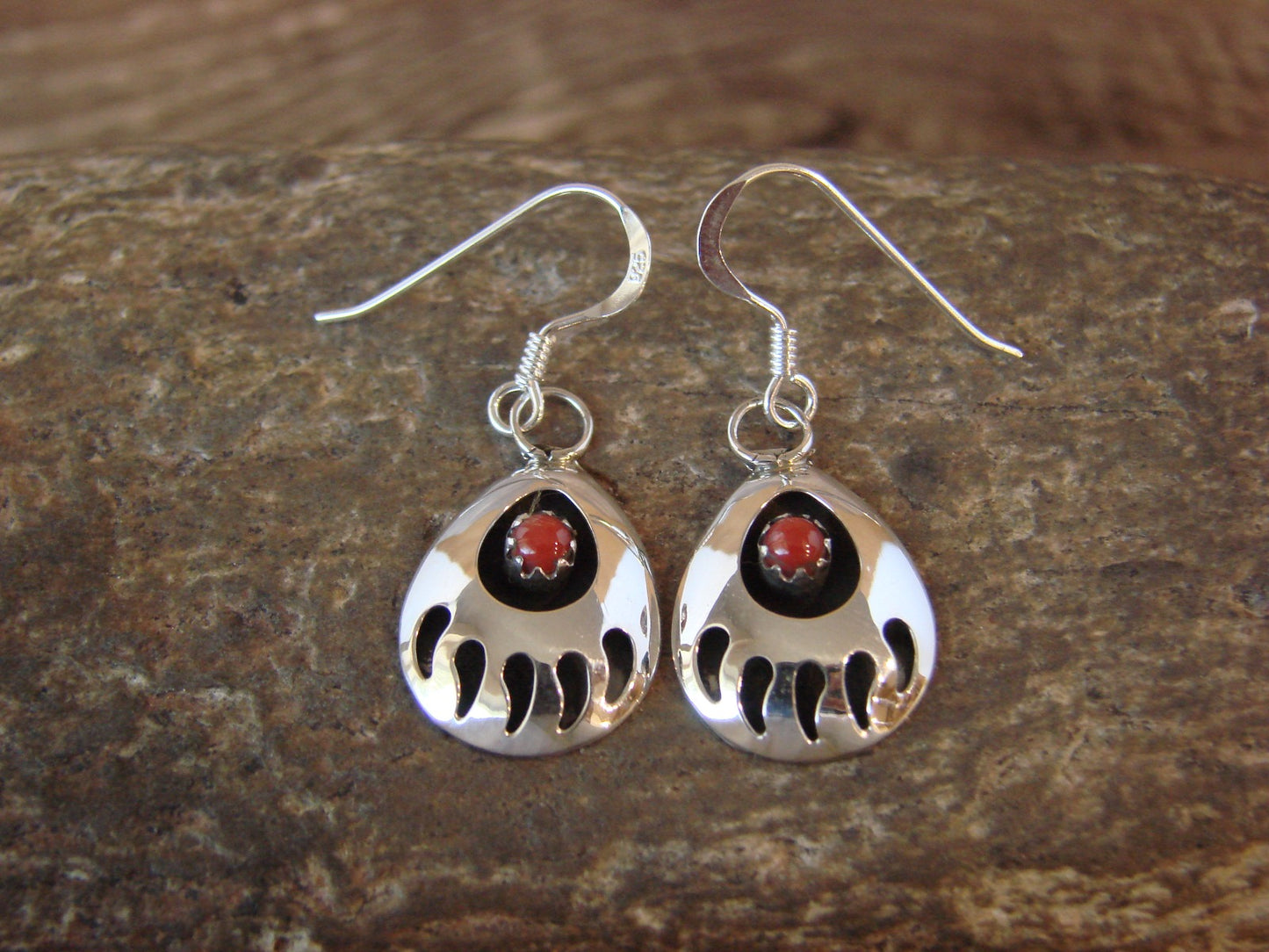 Navajo Indian Sterling Silver & Coral Bear Paw Dangle Earrings - Parker