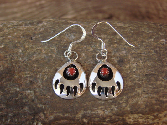 Navajo Indian Sterling Silver & Coral Bear Paw Dangle Earrings - Parker